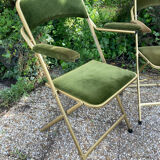 Set of 4 vintage folding armchairs in green velvet