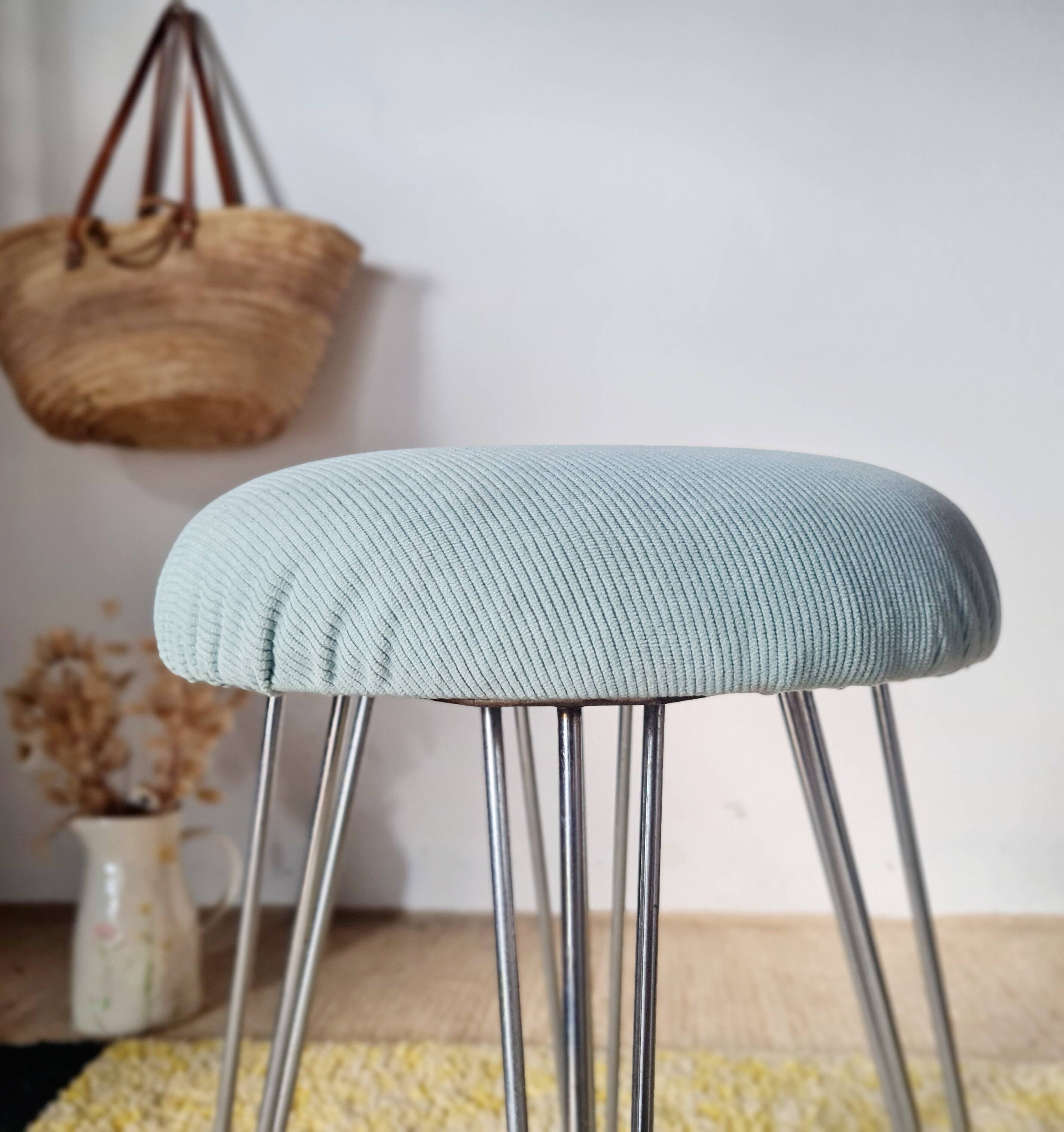 Vintage 1950s stool, metal tapered legs and velvet.