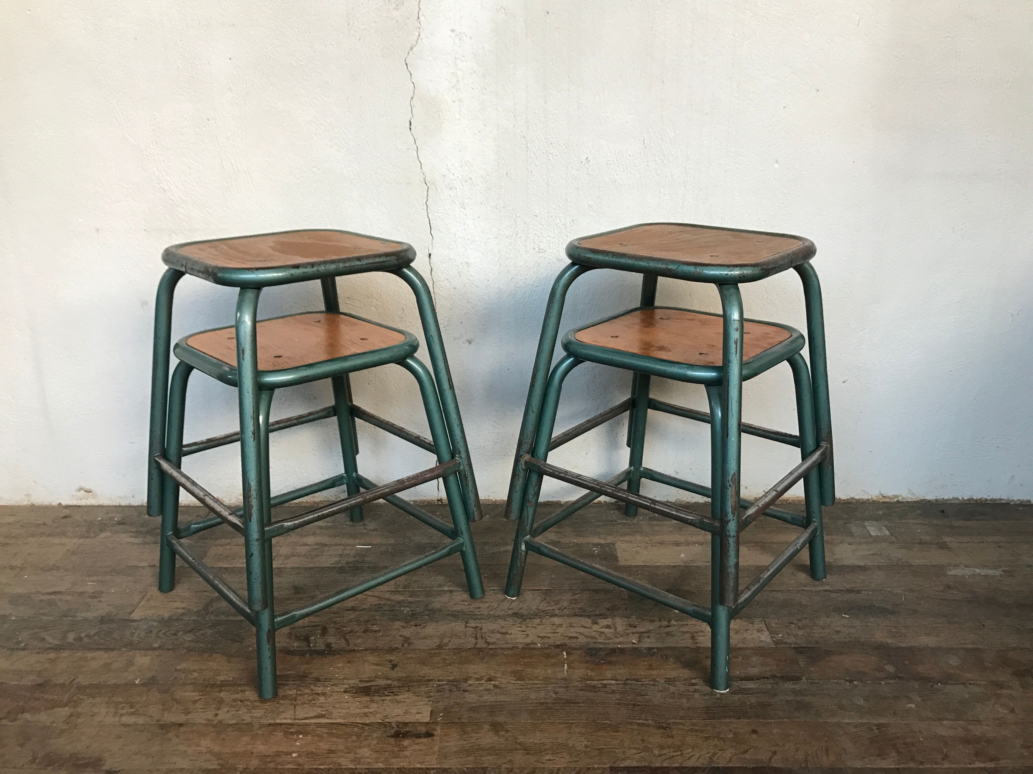 4 vintage green patina effect industrial deco 1950-60 school stools