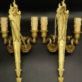 Pair of large Empire style wall lights, torch and swans - gilt bronze