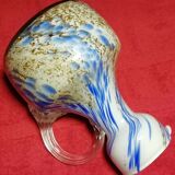 Ancien pichet verre soufflé Clichy multicouches bleu blanc