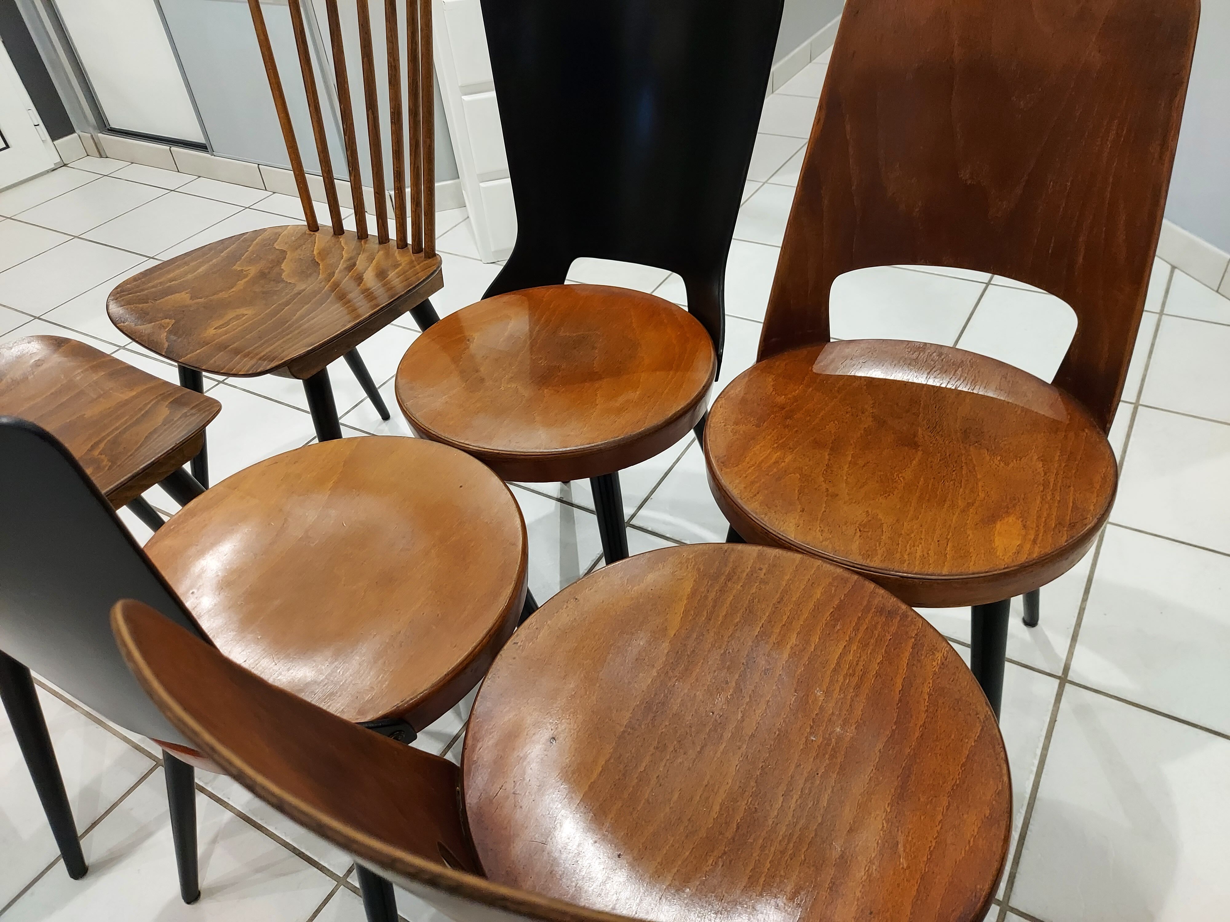Suite of 6 chairs of Bistrot Baumann mismatched Mondor,Dove,Minuet