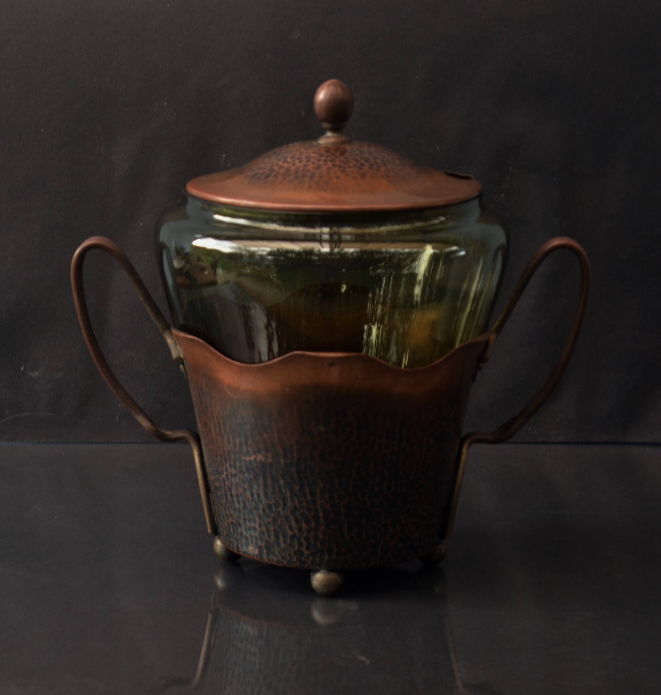 Art Nouveau Smoked Glass Punch Bowl Copper Crafted by Carl Deffner