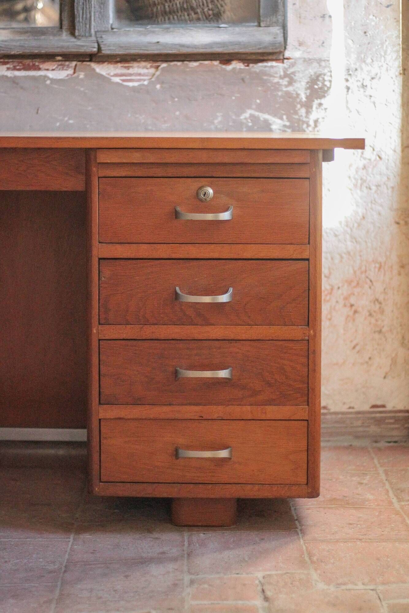 Vintage desk, children's wooden desk in art deco style, desk with drawers