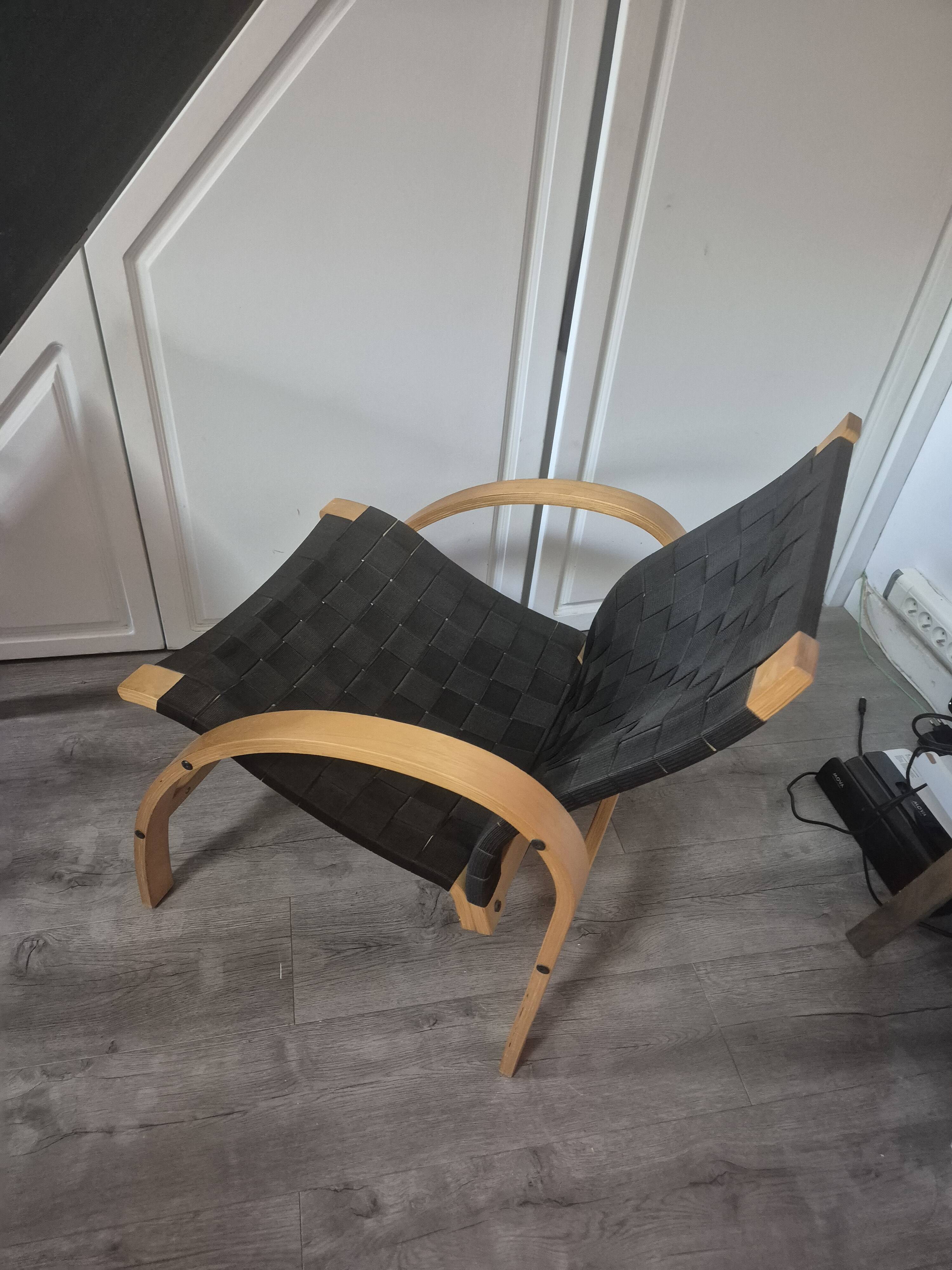pair set of 2 armchairs with a wooden frame and black fabric weaving