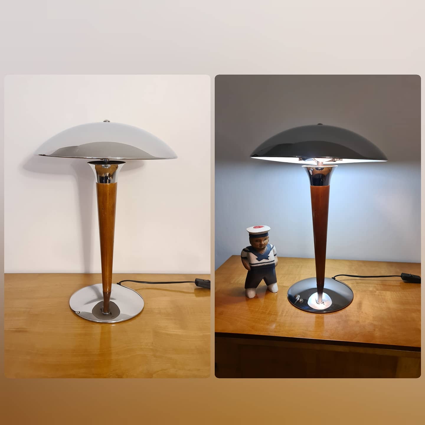 Vintage liner lamp, chrome and wood