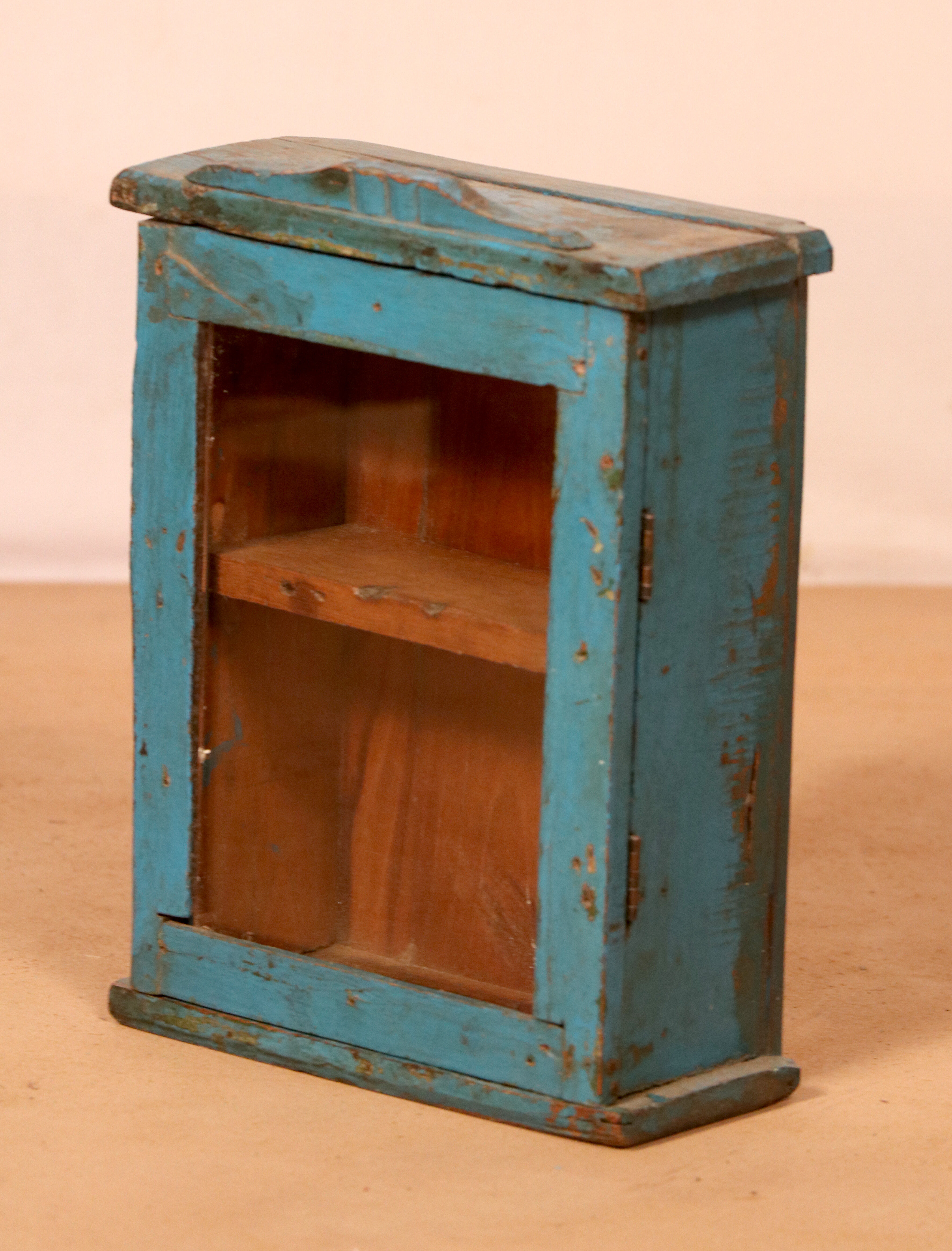 old Art Deco wall display case in original blue teak Burmese patina