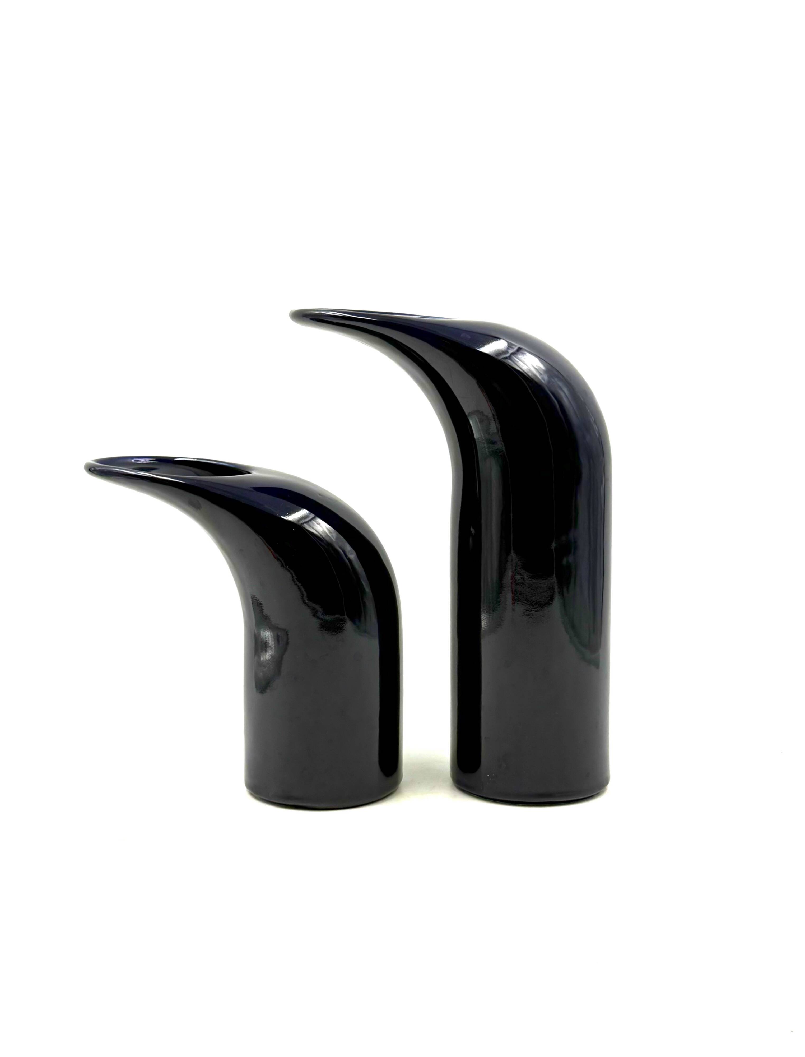 Space age set of 2 blue ceramic vase, Italy ca. 1970