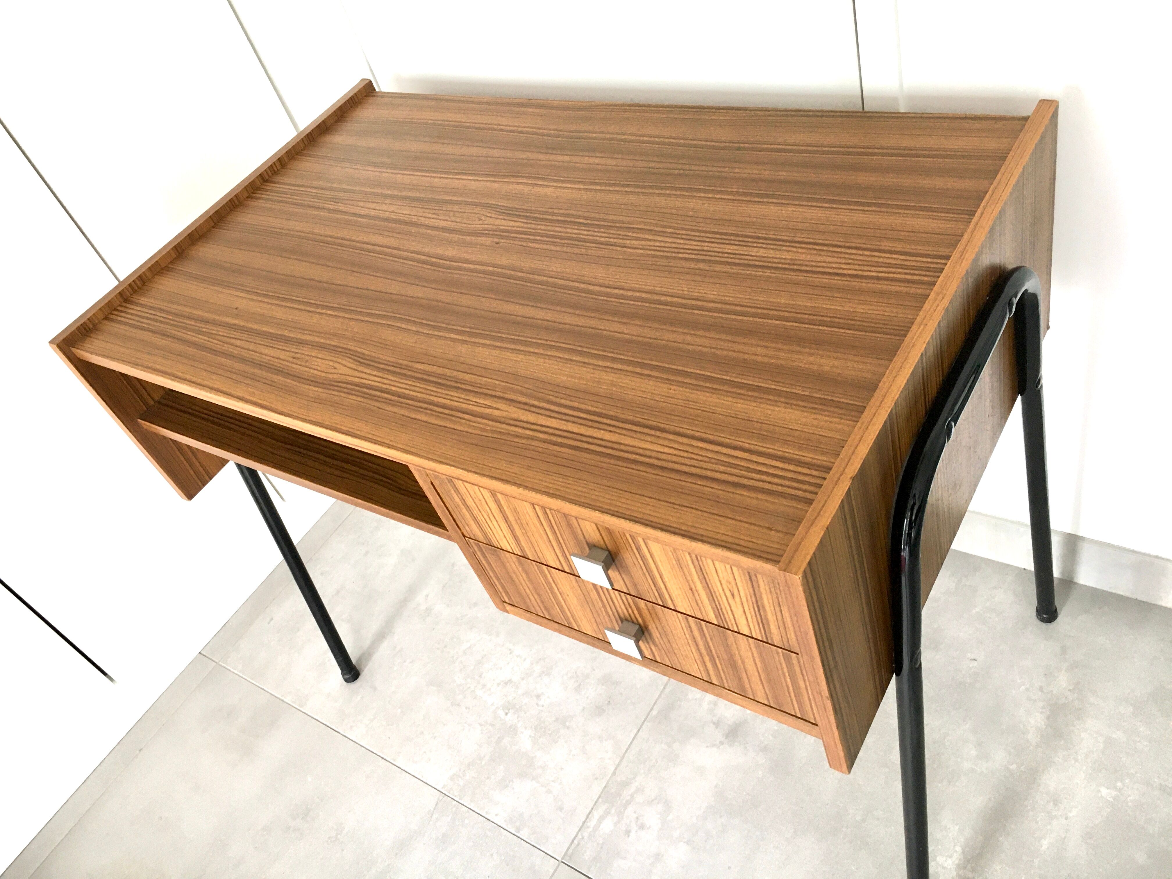 Vintage office teak décor and black steel base