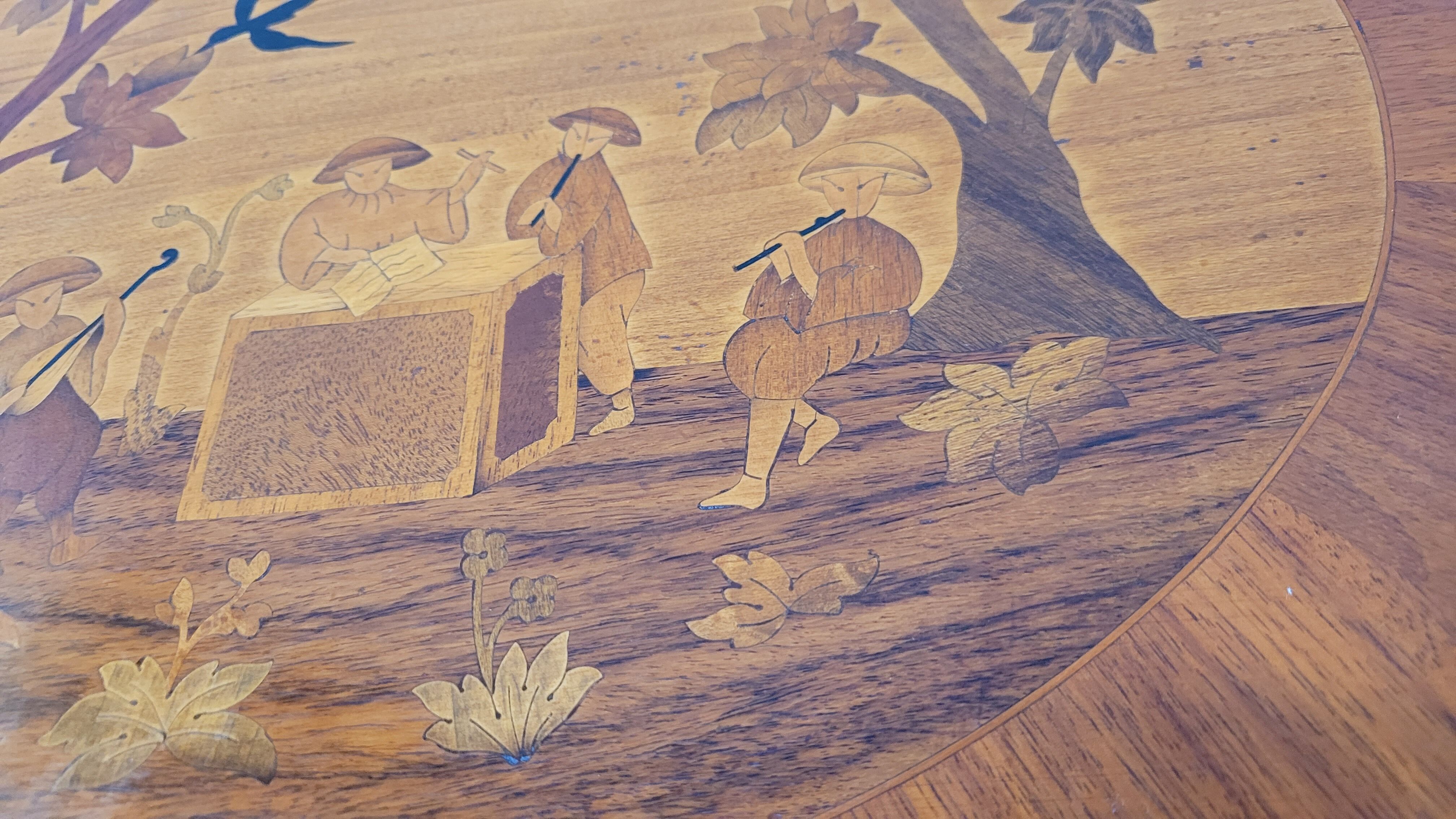 Louis xv style marquetry table Chinese scene