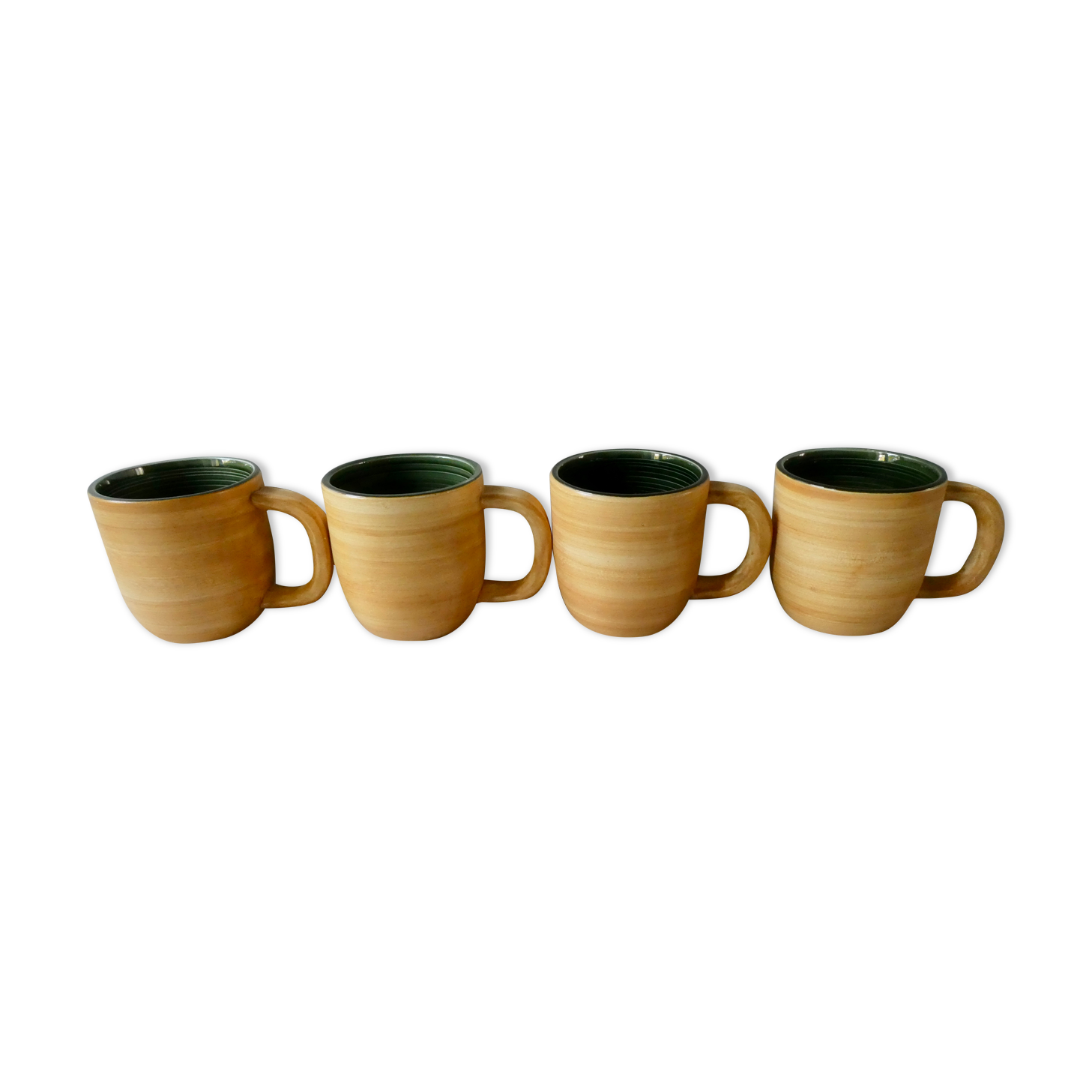 4 mugs Salins France, grès et émail vert
