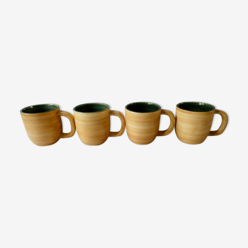 4 mugs Salins France, grès et émail vert