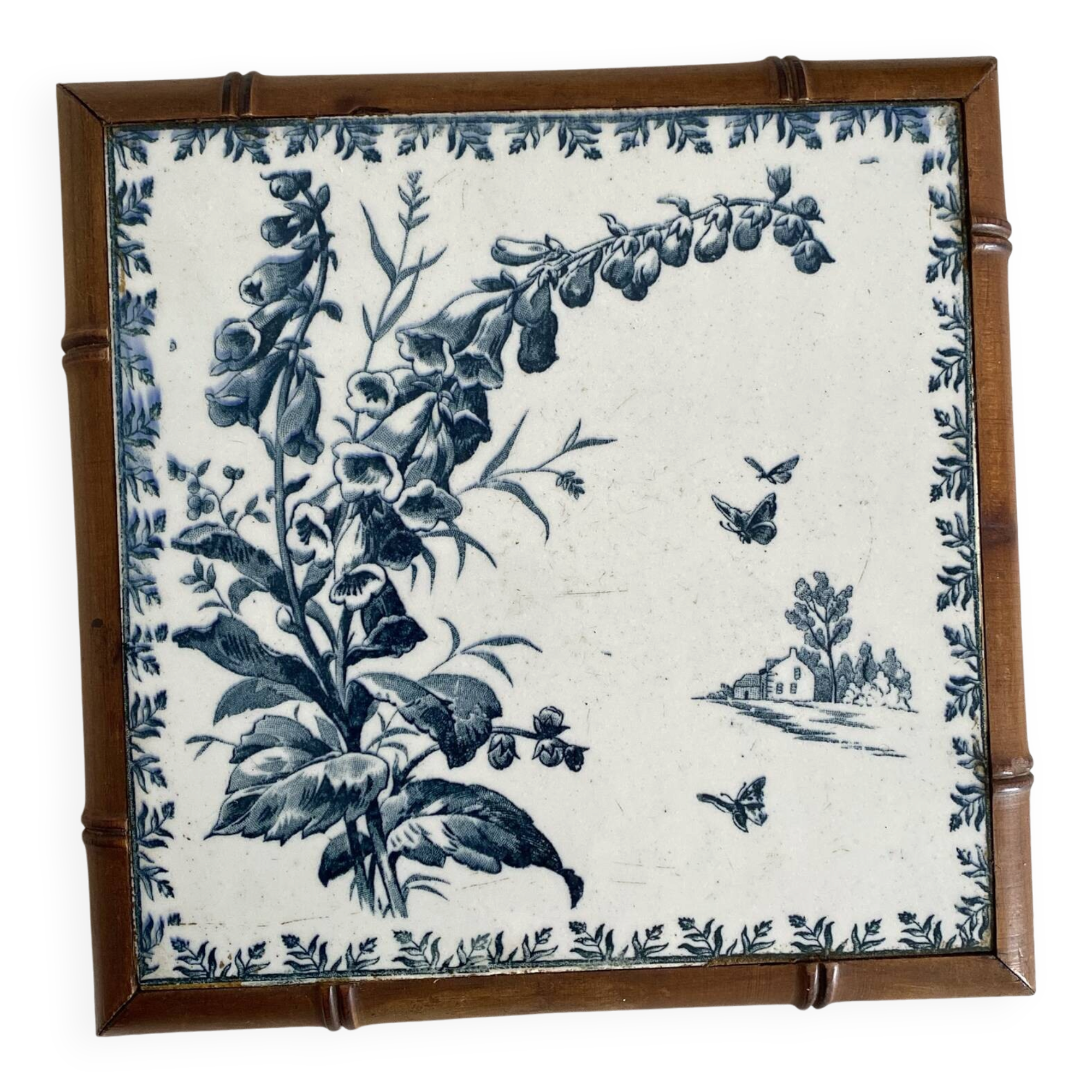 Cast iron trivet Gien Landscape and bamboo-style wood