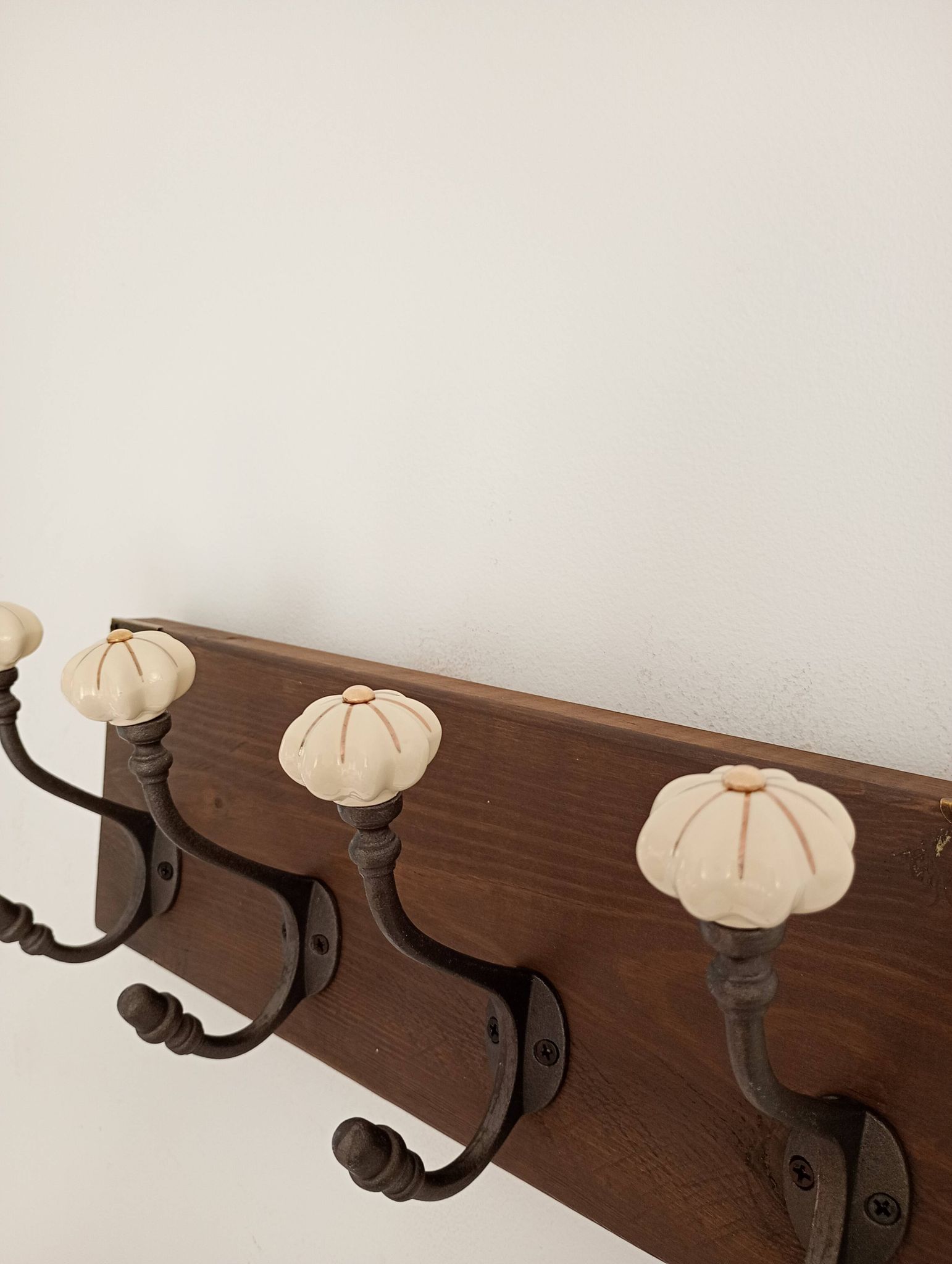 Wall-mounted coat rack wood hook cast iron and ceramic - handmade