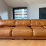 Vintage 3-seater sofa Gérard Guermonprez fawn and stainless steel leather, France 1970