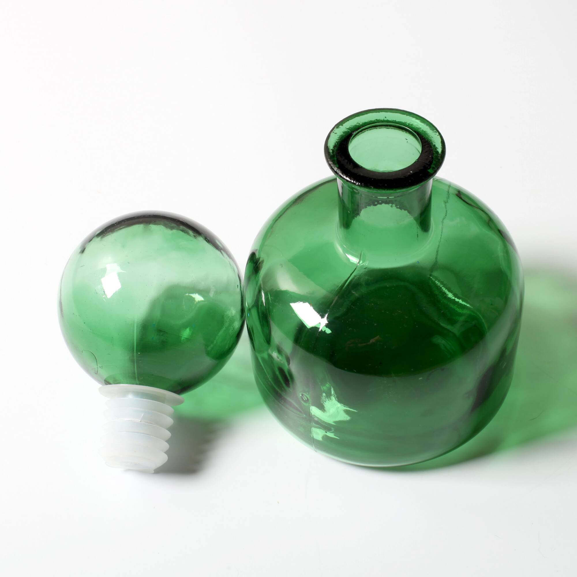 Emerald Green Glass Decanter / Genie Bottle with Stopper / Empoli / 1960s