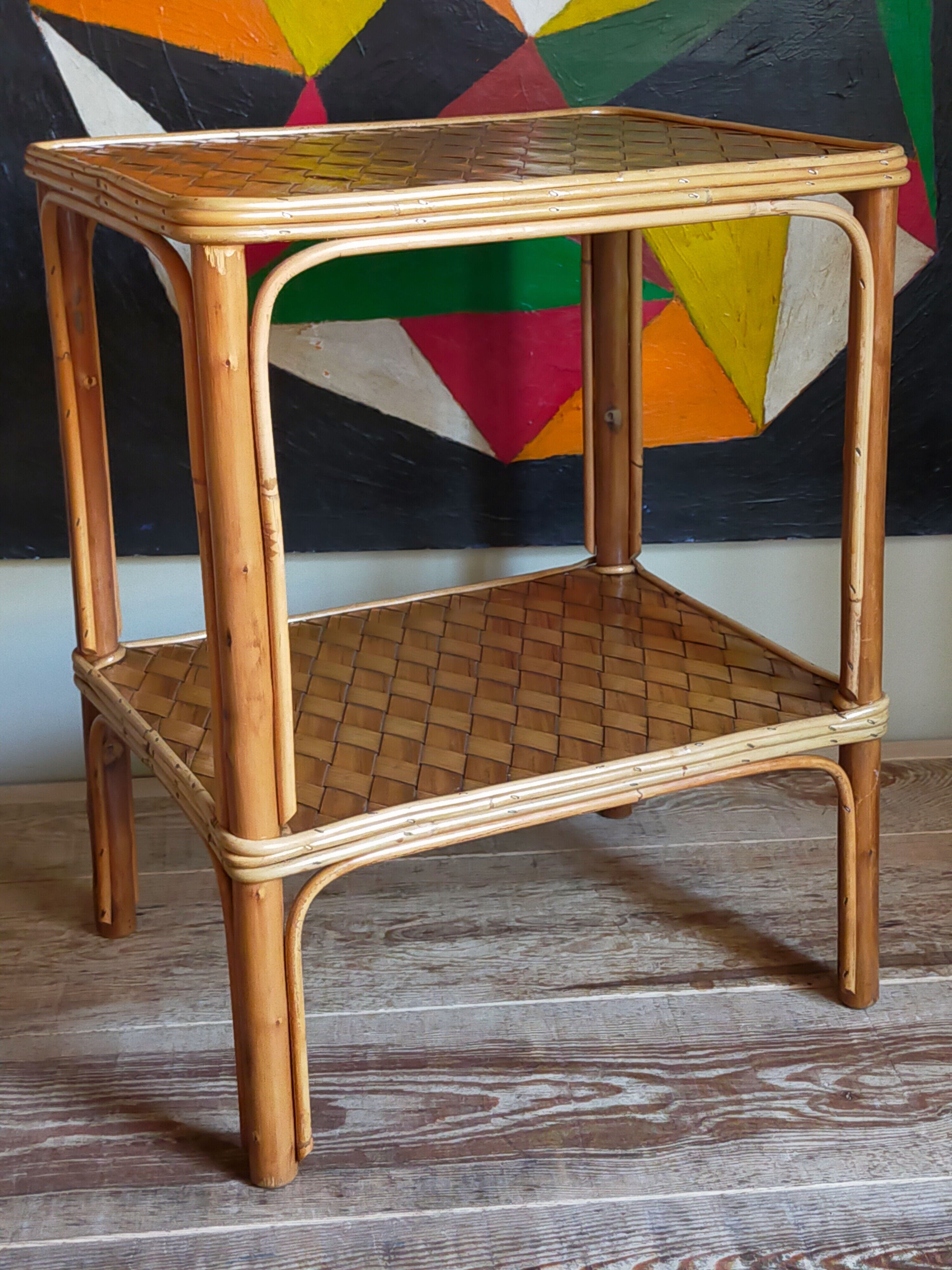 Side service table in wood and rattan 50s