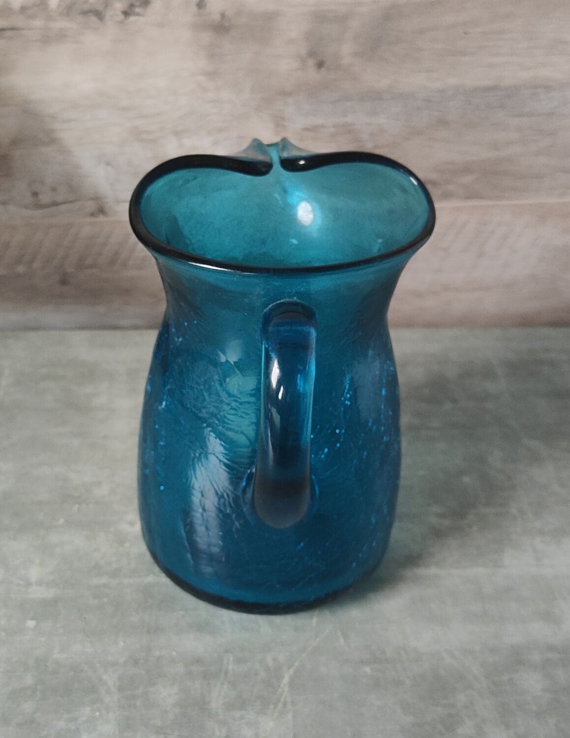 Blue cracked glass pitcher