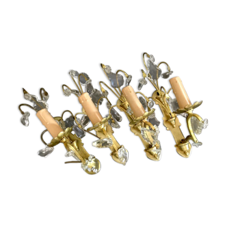 Lot de 4 appliques bronze doré, papilles en cristal