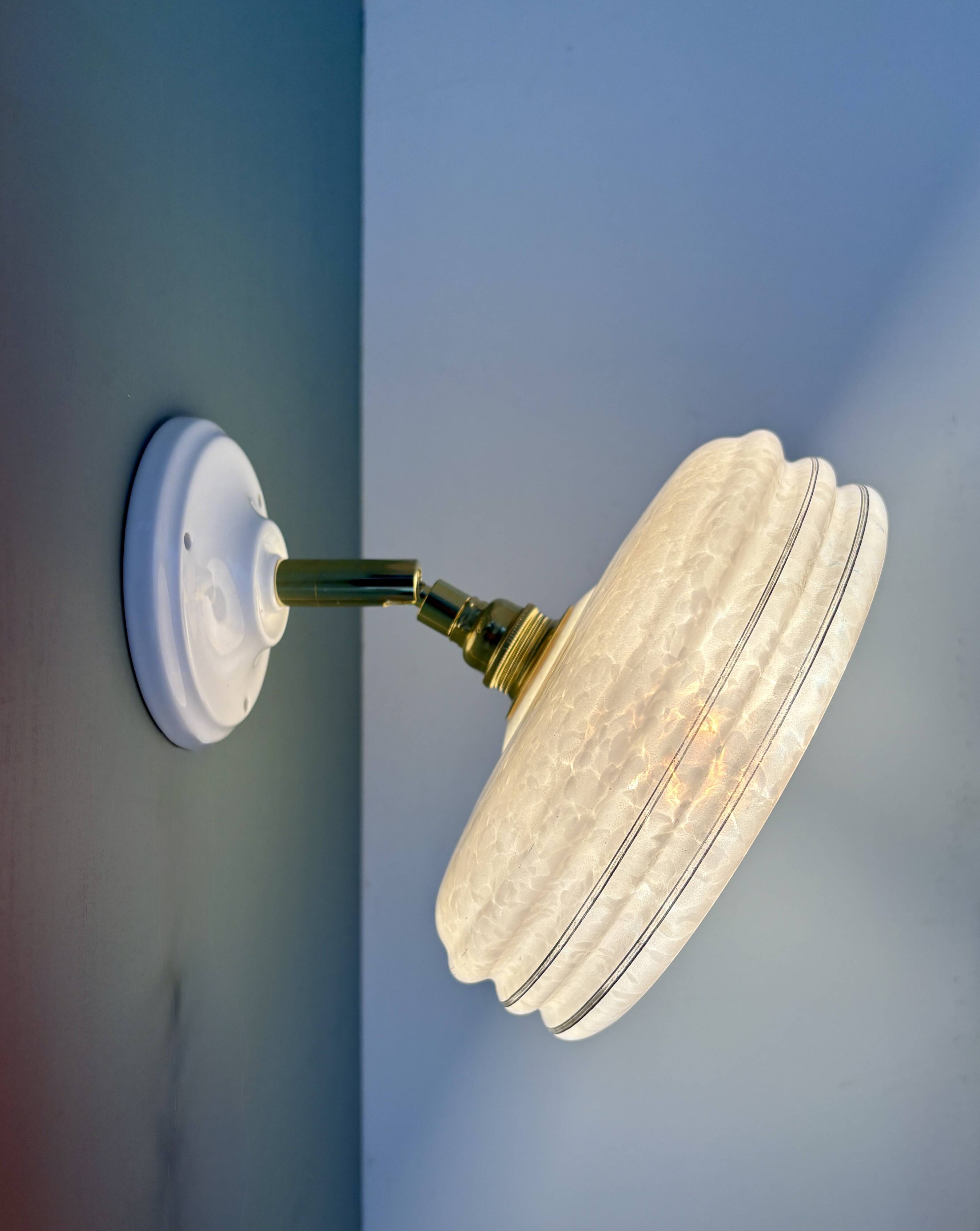 Vintage wall lamp with pink Clichy glass shade and silver edging