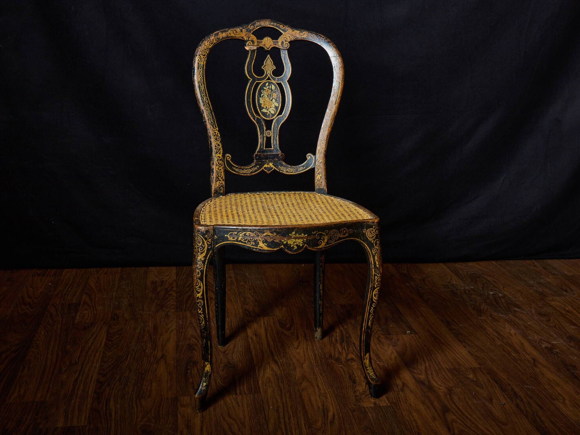 Antique black and gold lacquered chair – Napoleon III style – caned seat