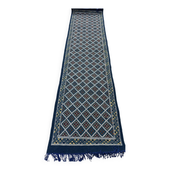 Tapis couloir bleu tissé mains en laine naturelle