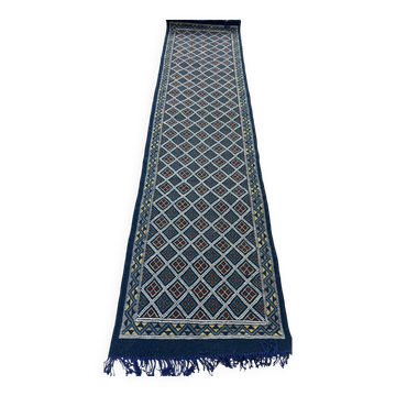 Hand-woven blue hallway rug in natural wool