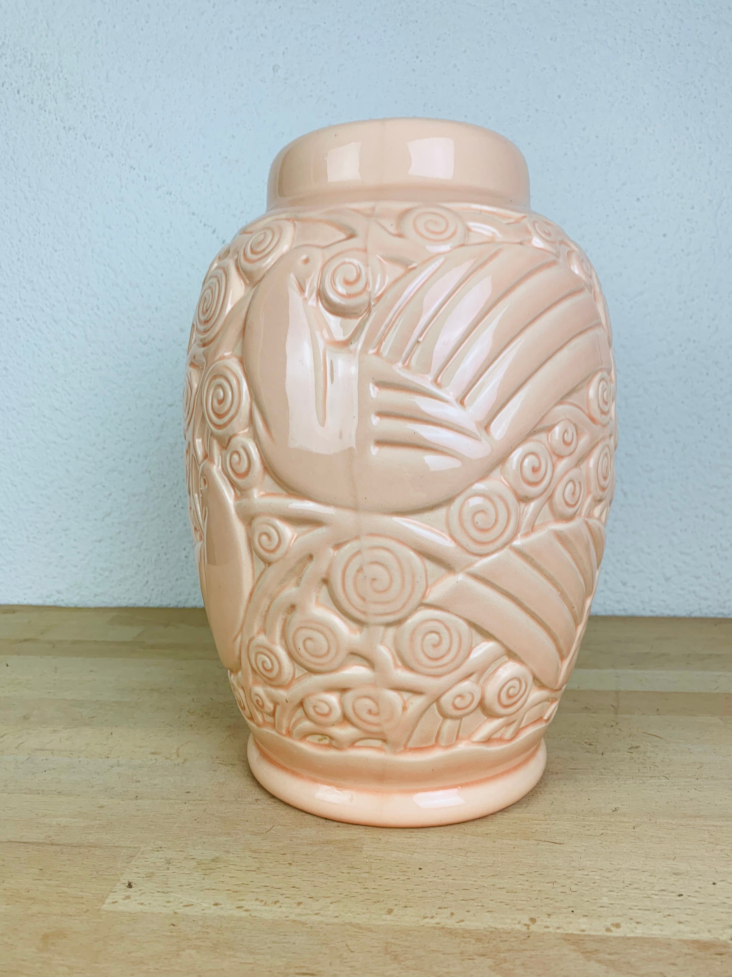Art deco vase St Clément pigeon model, pink ceramic