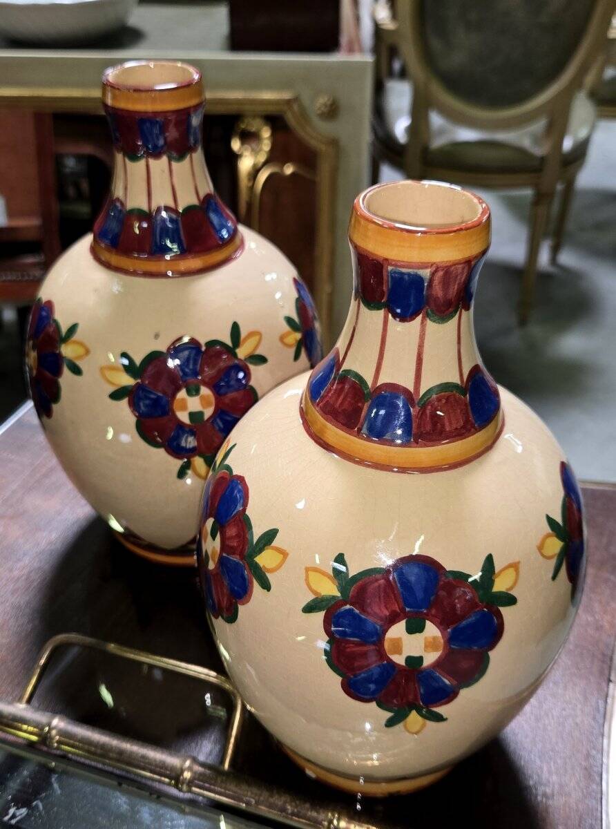 Desvres by Henri Delcourt: pair of signed Art Deco vases.