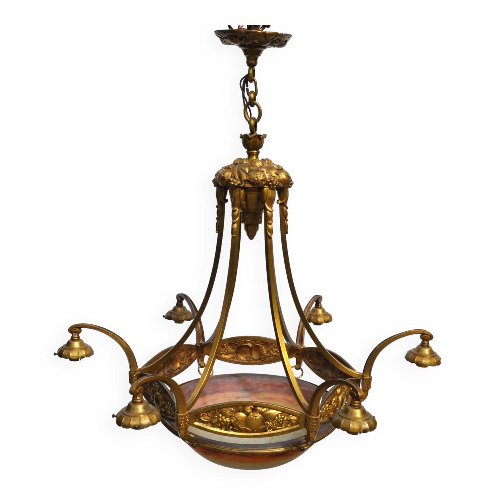 Muller frères Art Deco Chandelier - Bronze & Glass Paste - 1930s