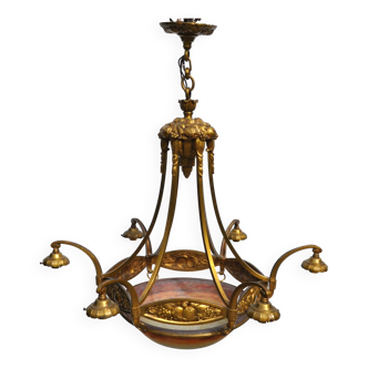 Muller frères Art Deco Chandelier - Bronze & Glass Paste - 1930s