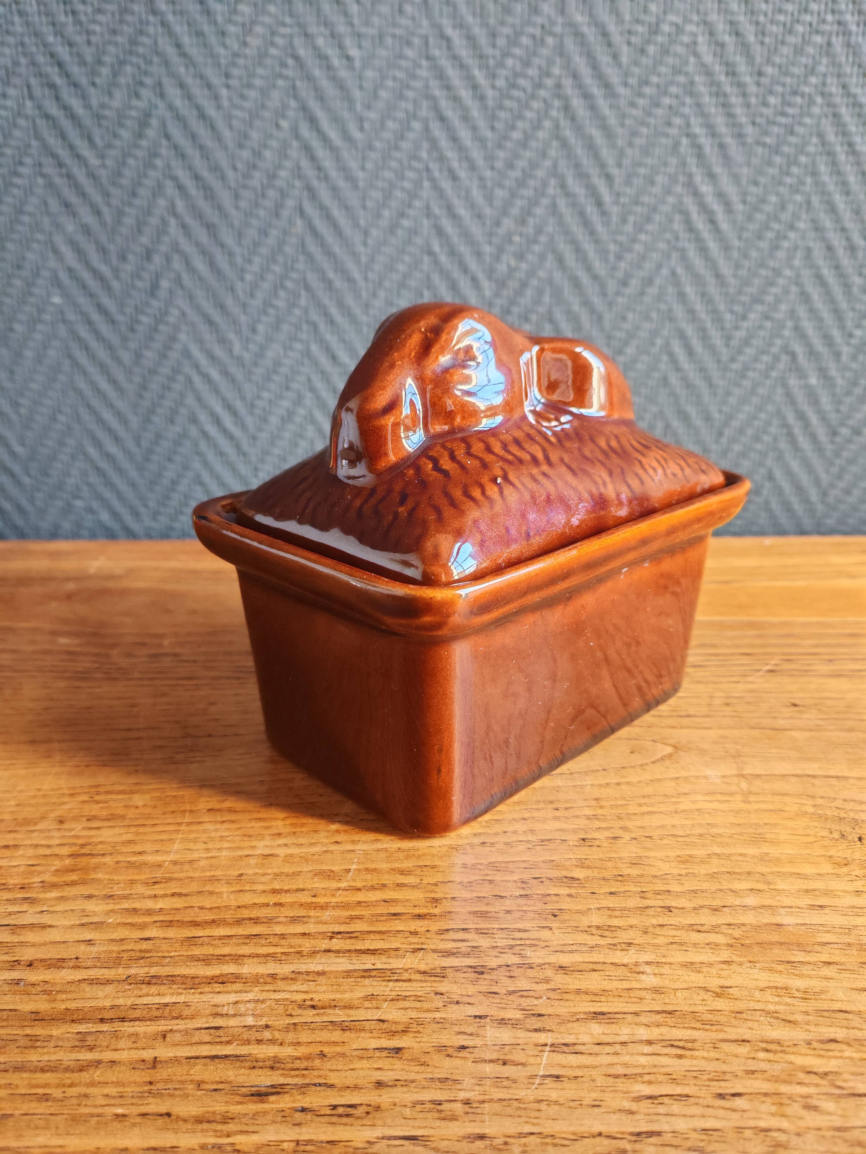 Vintage Rabbit Terrine in Glazed Ceramic - Brown Barbotine