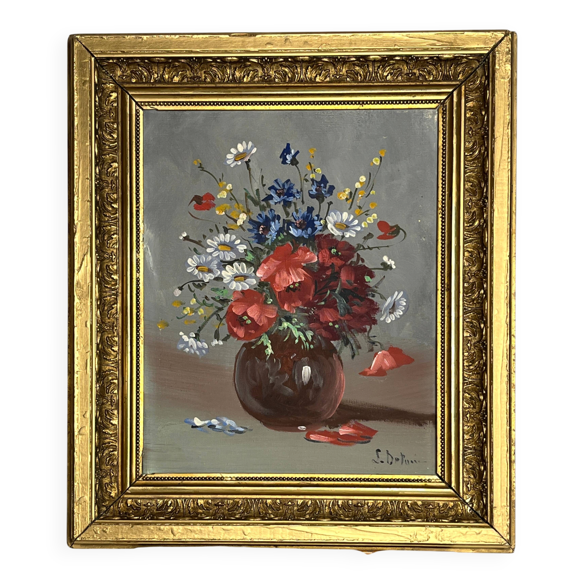 Oil on canvas still life bouquet signed Delaure 20th century