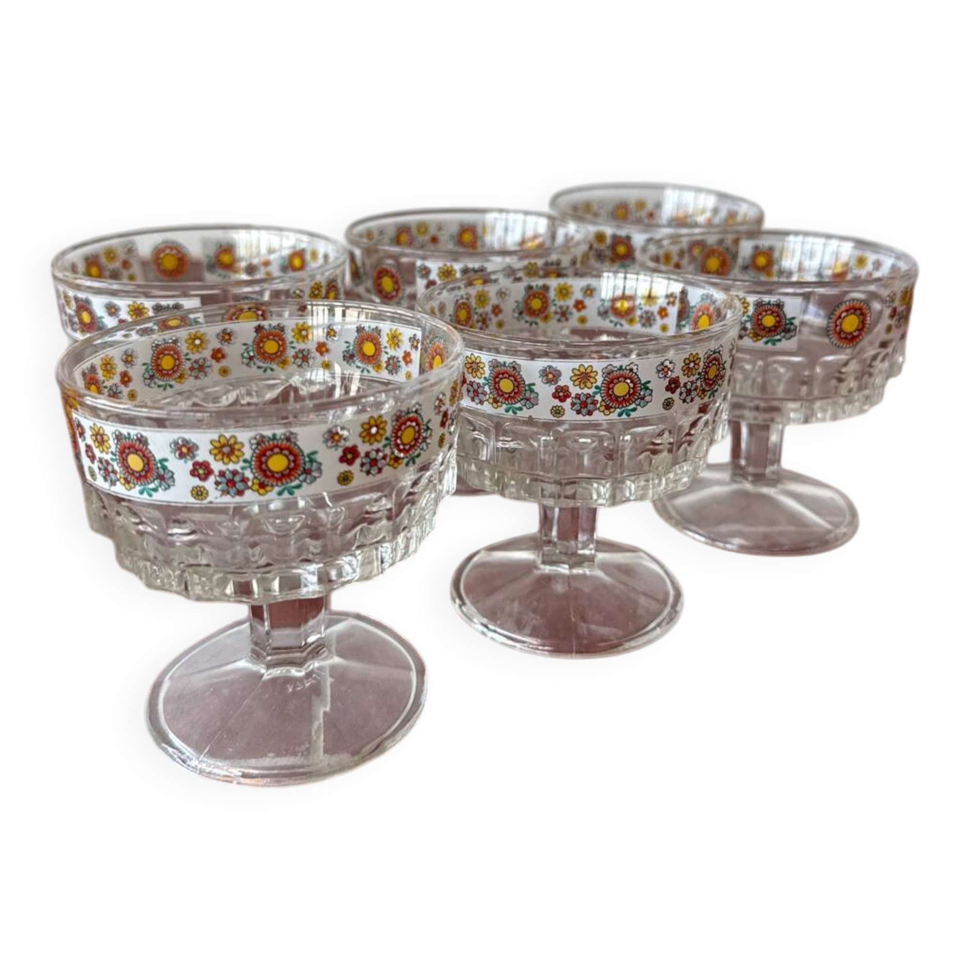 6 vintage ice cream/dessert bowls – Flower "Flower Power" design – Year