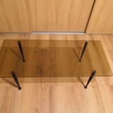 Rectangular coffee table with metal & brass foot and smoked glass, vintage 70s