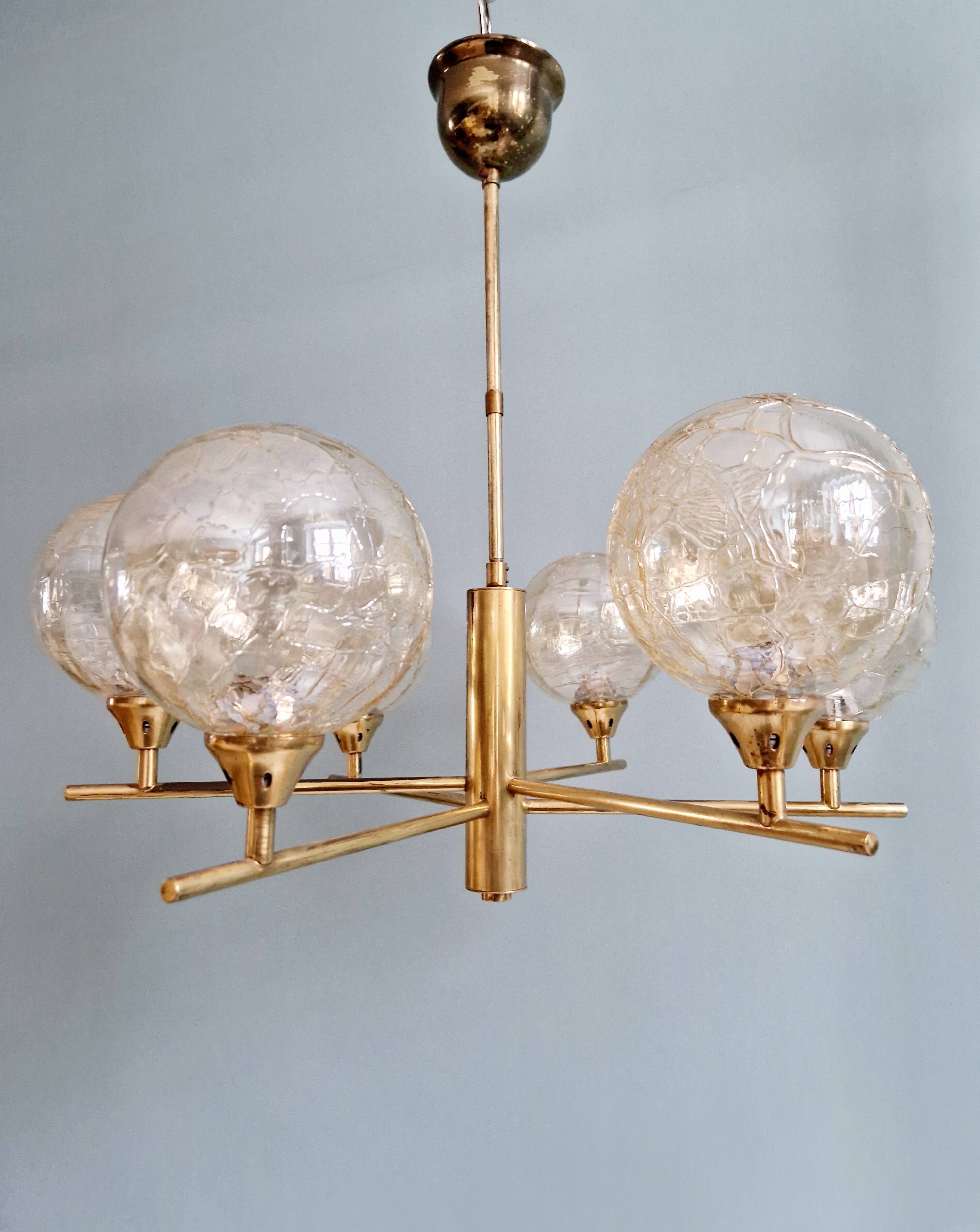 Brass chandelier with amber cracked glass globes, 1950s-60s