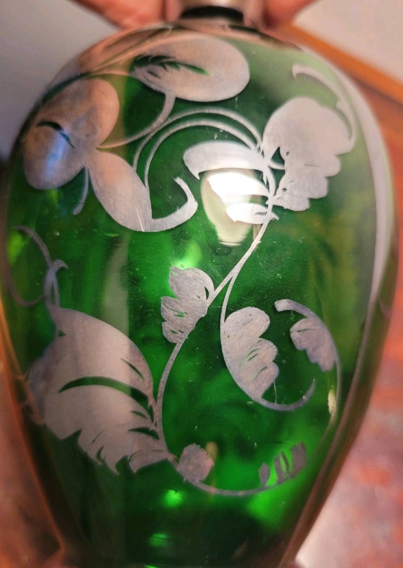 Murano glass alcohol bottle green & silver 1930s - 1940s.