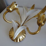 Pair of golden metal wall lights with vintage foliage flower decor