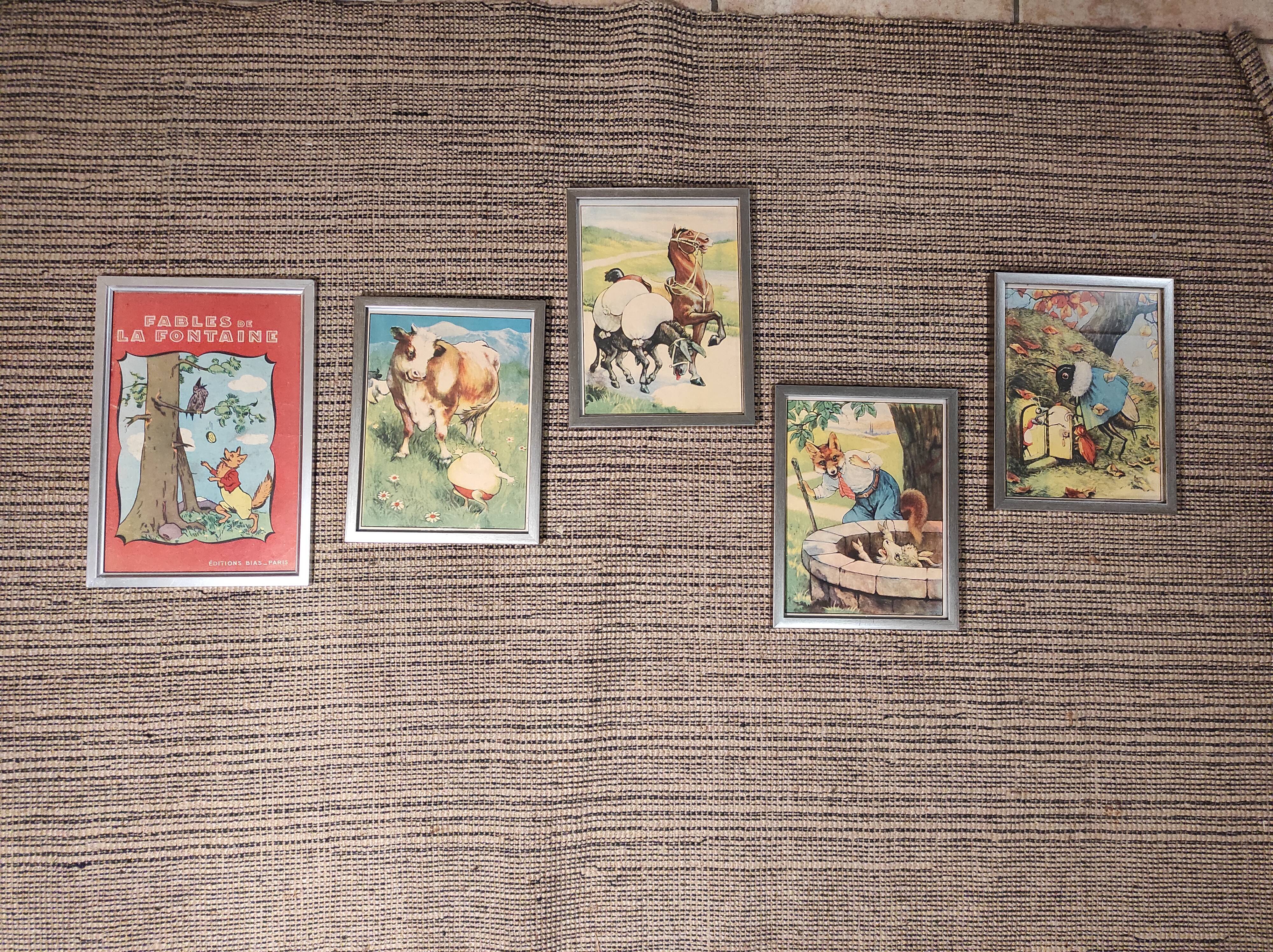 Set of 5 illustrations framed in glass the Fables of La Fontaine