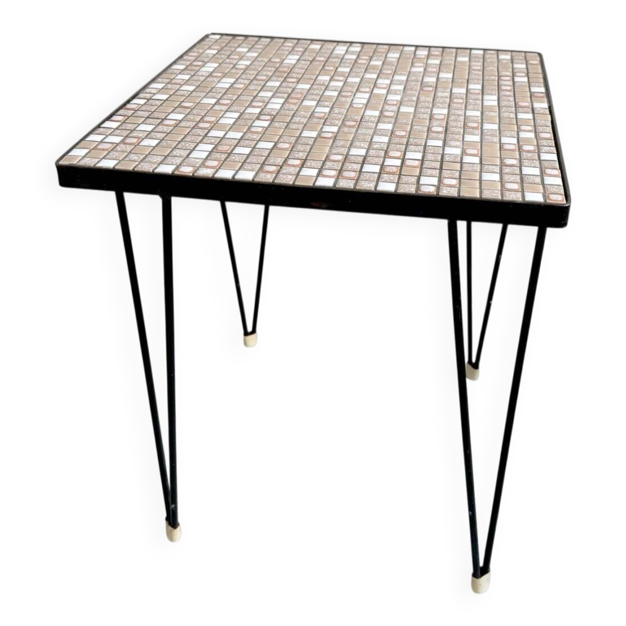 Vintage square side table with a mosaic ceramic top and hairpin legs