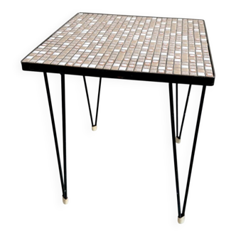 Vintage square side table with a mosaic ceramic top and hairpin legs