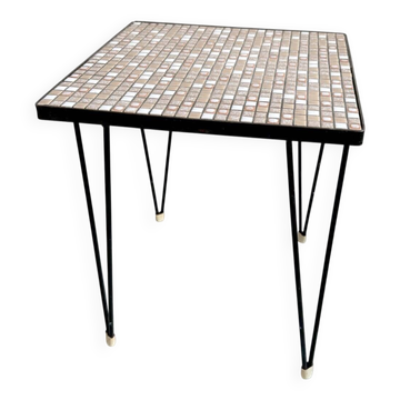 Vintage square side table with a mosaic ceramic top and hairpin legs