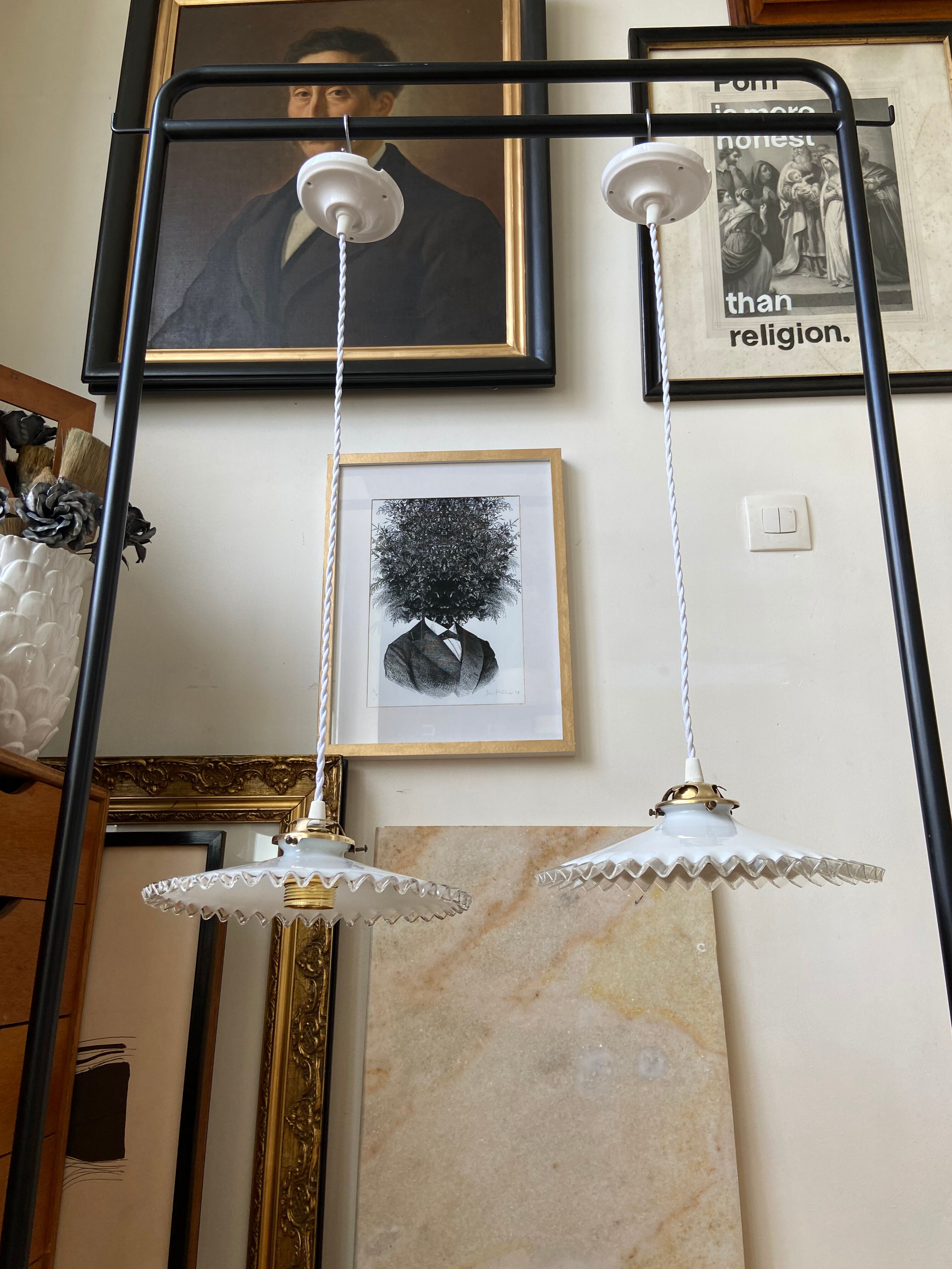 Pair of white glass hanging lamps