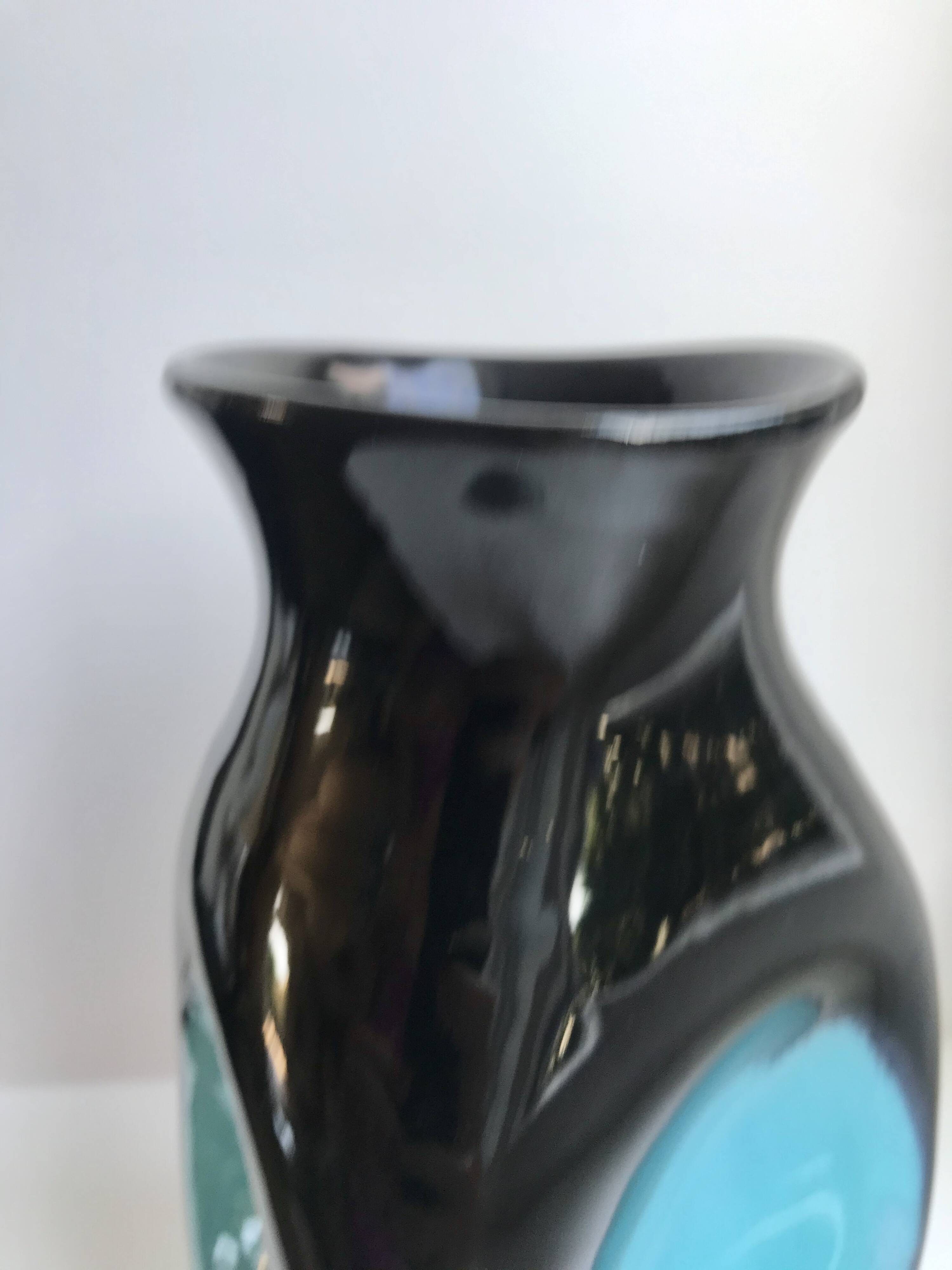 free-form design vase in black and blue ceramic from the 70s