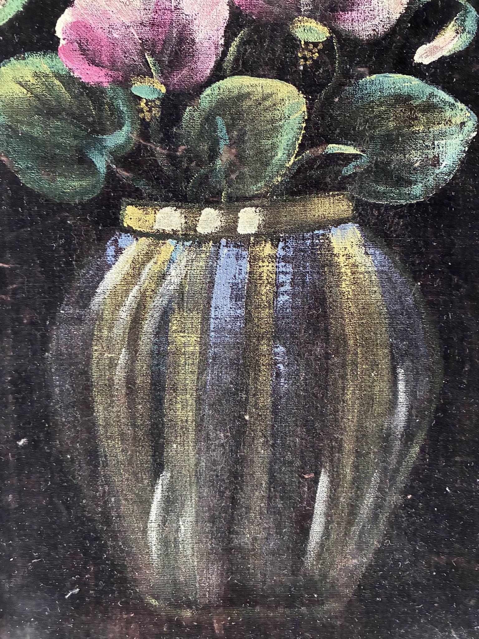 Vintage original velvet flower oil painting, pink flower still life art