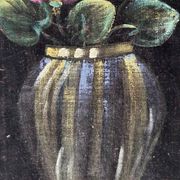 Vintage original velvet flower oil painting, pink flower still life art