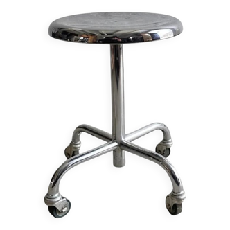 Authentic Swiss Bauhaus chrome swivel industrial stool on wheels from Zurich circa 1950.