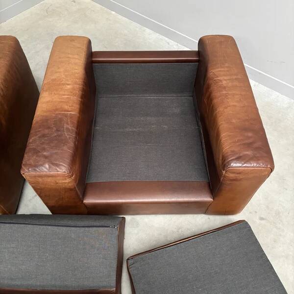 Ensemble de fauteuils en cuir marron vintage, années 1970.