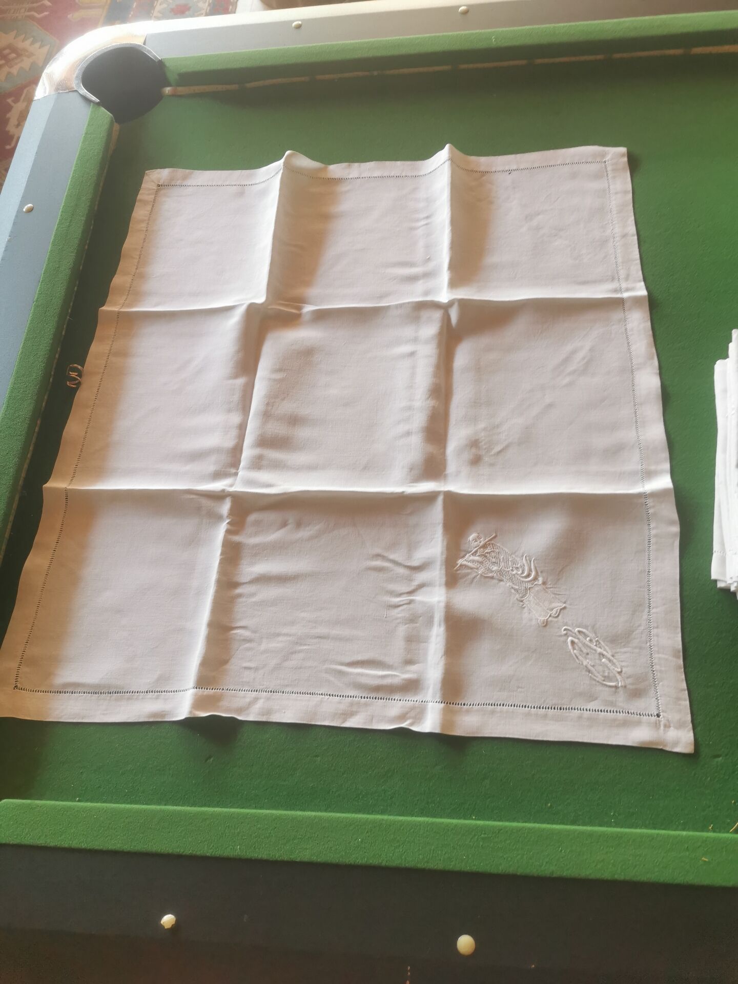 12 old damask linen napkins with a monogram