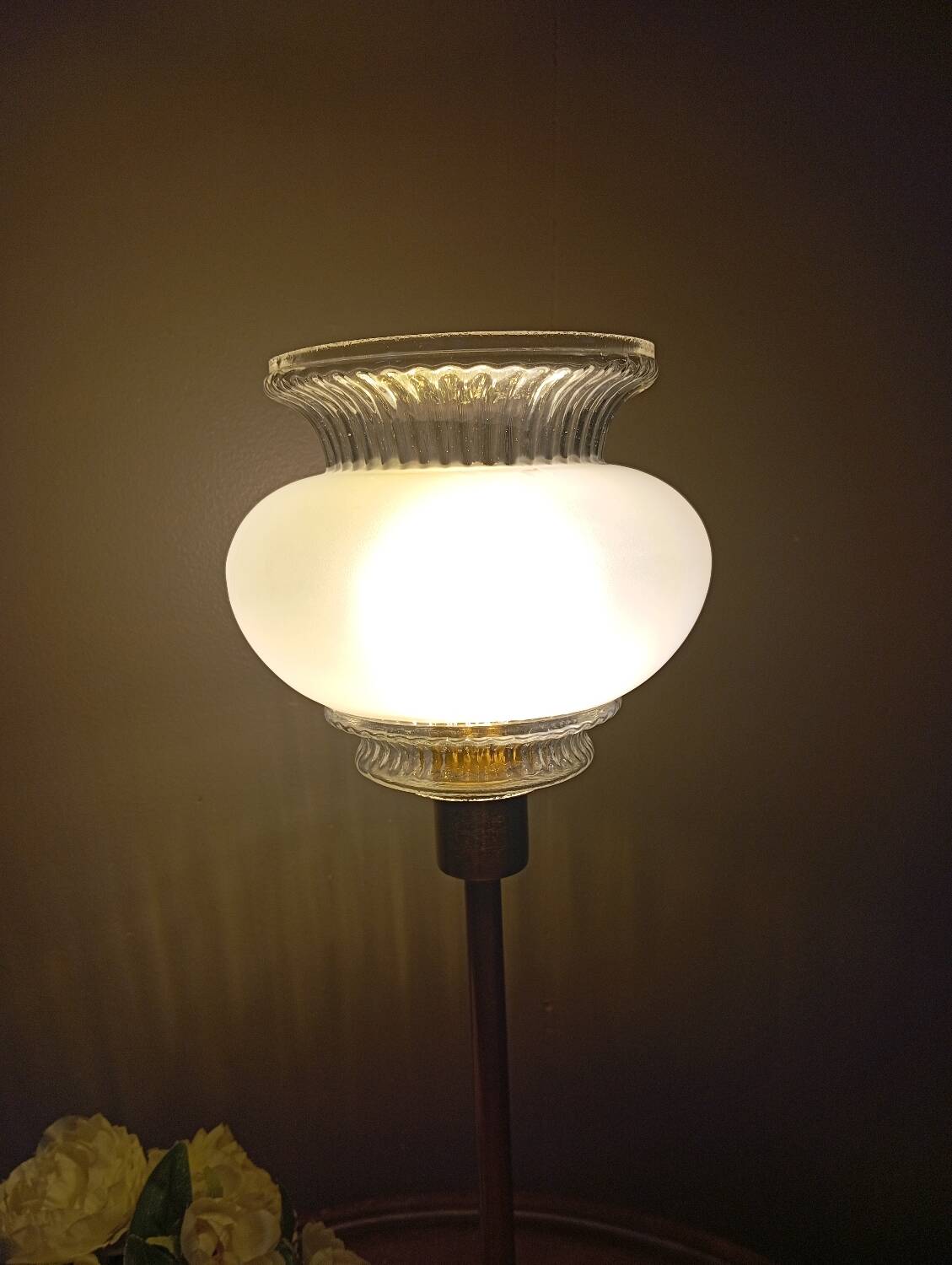 Table lamp with gold metal base and vintage white glass lampshade